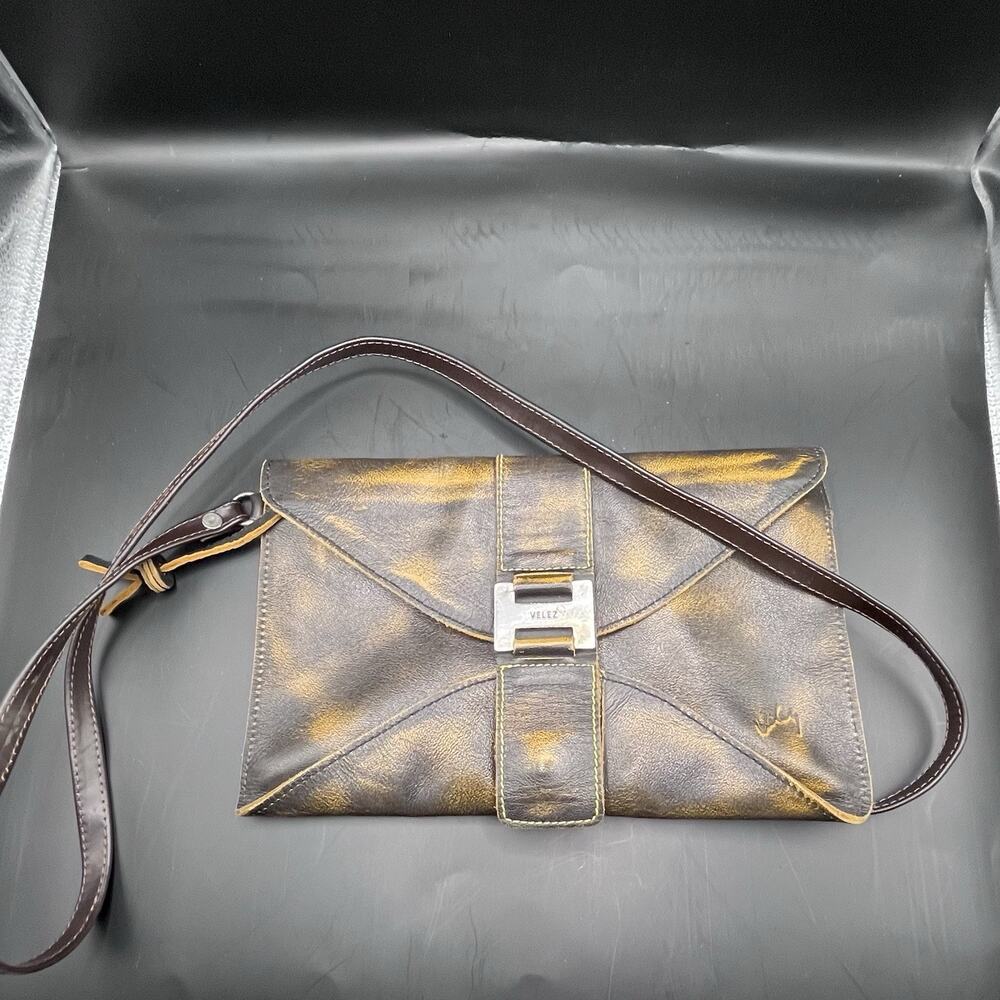 Velez Brown Distressed Leather Envelope Style Clutch Bag With Buckle & Strap